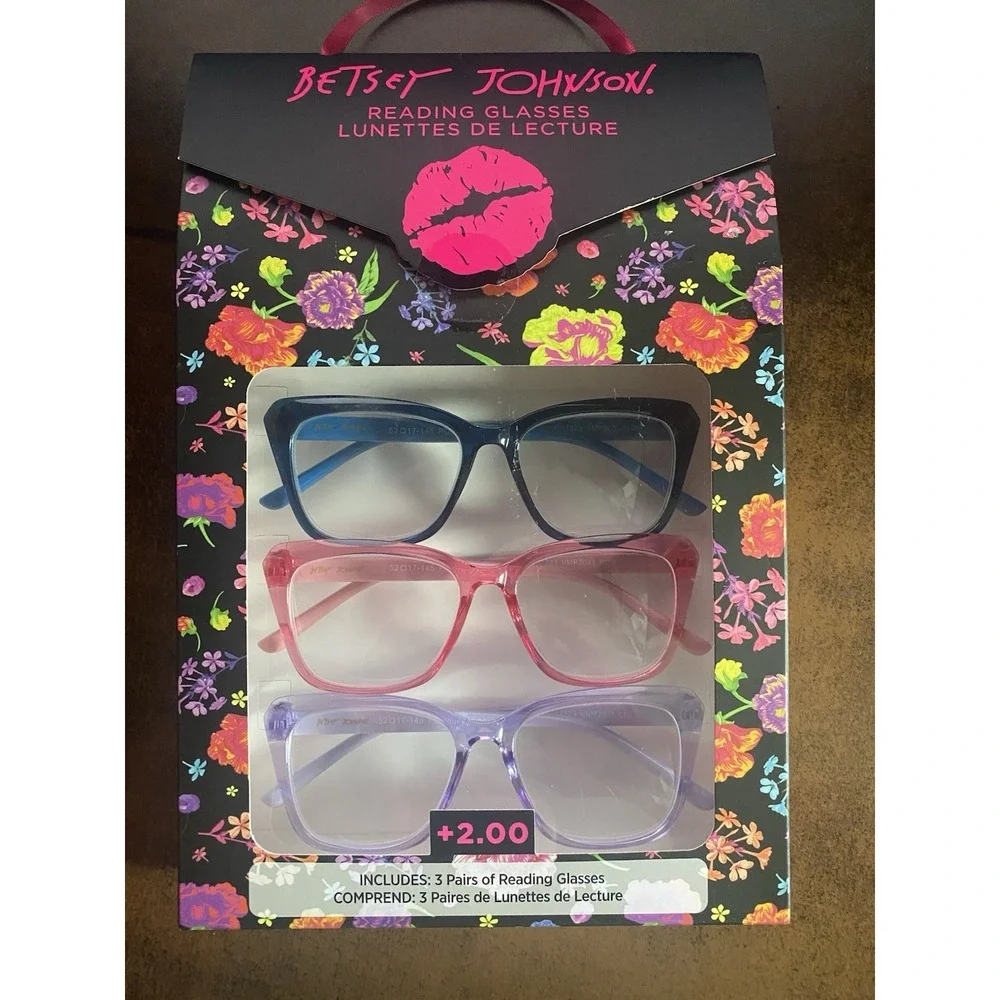 BETSEY JOHNSON 3-PACK READING GLASSES READERS +2.00 NEW Blue Pink Purple